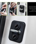 Step-by-step installation of Heavy Duty Silicone Car Door Strike Protectors 4 Pack Self Stick Latch Covers on car door.