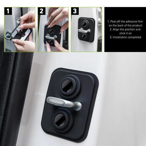 Step-by-step installation of Heavy Duty Silicone Car Door Strike Protectors 4 Pack Self Stick Latch Covers on car door.