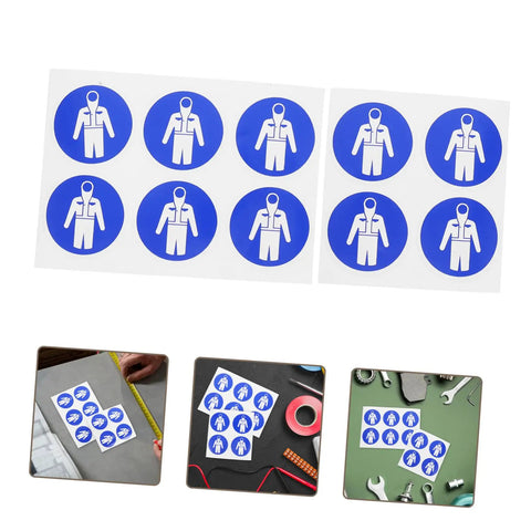 Ten Pack Protection Suit Warning Labels and Adhesive Safety Stickers for Factory Equipment, blue suit decals on sheets.