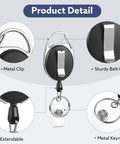 Product detail of 20 Pack Retractable Badge Reels with Carabiner showing metal clip, belt clip, extendable cord, and keyring features