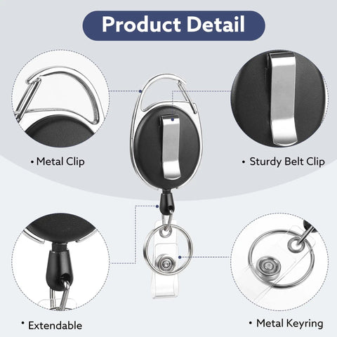 Product detail of 20 Pack Retractable Badge Reels with Carabiner showing metal clip, belt clip, extendable cord, and keyring features