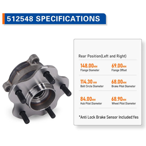 Rear Wheel Hub And Bearing Assembly For JX35 2013 QX60 2014 2020 Altima 2019 2023 Murano 2015 2023 Pathfinder 2013 2020 With ABS Top Notch Wheel Hub Bearing Replacement specifications diagram with measurements and ABS sensor inclusion highlighted.