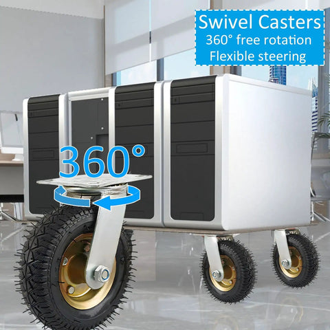 Two Pack Heavy Duty Inflatable Rubber Swivel Casters Silent Gliding Wheels Moves Heavy Appliances Without Breaking A Sweat Quick Screw Mount Rolls Furniture And Storage Carts Smooth As Butter with 360° rotation.