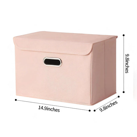 Premium Pink Fabric Storage Cubes Featuring Reinforced Stainless Steel Handles And Secure Cover Lids For Killer Closet Setup and Super Collapsible Foldable Nursery Bins To Organize Your Space Like A Pro, measuring 14.9x9.8 inches.
