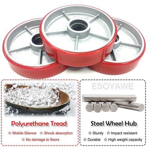Heavy Duty Eight Inch Polyurethane Caster Wheels With Locking Brakes Glides Like Butter Silent Roll Swivel Base For Floor Friendly Cart Glide And Garage Move In Two Pack with polyurethane tread and steel hub.