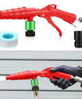 Heavy Duty Coolant Flush Gun Kit With Garden Hose Coupler And Air Line Splitter showing red nozzle, green connector, plumber tape for cleaning.
