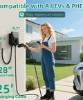 Person using Level 2 EV Charger With Energy Meter 11.5kW 48A J1772 Wall Mount Charger with car, outdoors setup.