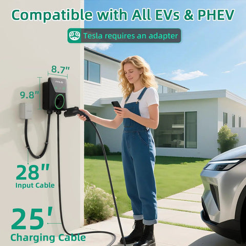Person using Level 2 EV Charger With Energy Meter 11.5kW 48A J1772 Wall Mount Charger with car, outdoors setup.
