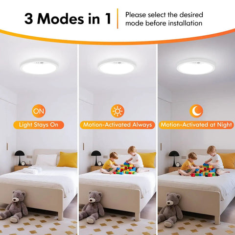 Two Pack Motion Sensor LED Ceiling Light 7 Inch 15W Flush Mount With Selectable 2700K 4000K 6500K Color Temps in bedroom.