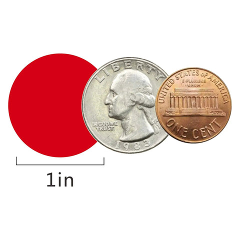 1 Inch Round Permanent Adhesive Color Code Dot Stickers 1000 Per Roll With Dispenser Box Bright Red next to coins for size comparison