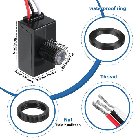 Six Pack Dusk To Dawn Outdoor Lighting Sensor Kit 100 To 277V Photoelectric Switch components and dimensions display