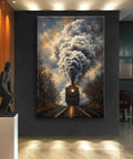 Steam Train On Tracks Canvas Wall Art For Living Room Or Office Decor Ready To Hang Framed 12 By 18 Inch With Dramatic Smoky Locomotive Painting And Vintage Railway Charm For A Retro Vibe