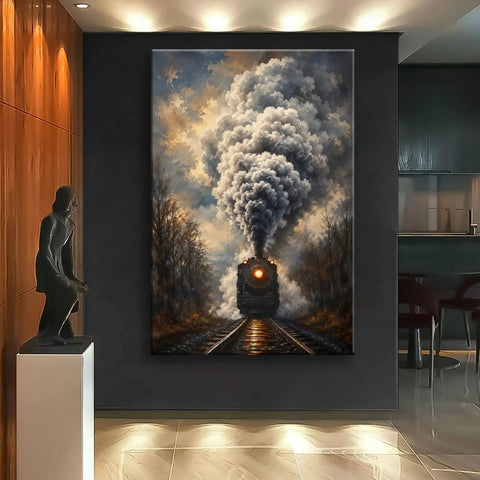 Steam Train On Tracks Canvas Wall Art For Living Room Or Office Decor Ready To Hang Framed 12 By 18 Inch With Dramatic Smoky Locomotive Painting And Vintage Railway Charm For A Retro Vibe
