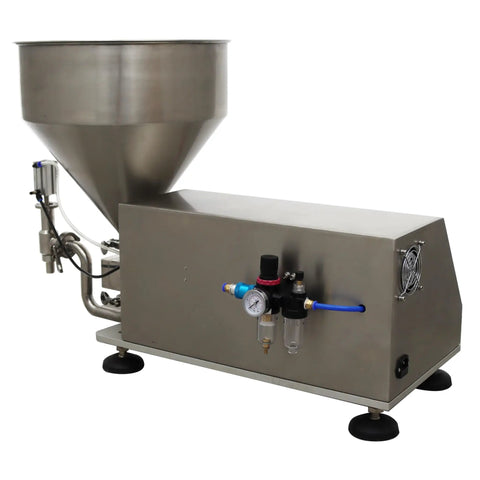 Straight Up Heavy Duty Single Head Liquid and Paste Bottle Filling Machine Built for Zero Sweat Operations With a Rock Solid Pneumatic Gear Pump and 20mm Nozzle for Honey Jam Syrup Drinks with stainless steel hopper.