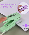 Heavy Duty 3 Pack One Quarter Inch Hole Puncher With 50 Percent Labor Savings, green and purple metal punch in use.