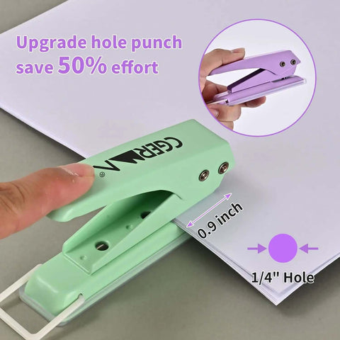 Heavy Duty 3 Pack One Quarter Inch Hole Puncher With 50 Percent Labor Savings, green and purple metal punch in use.