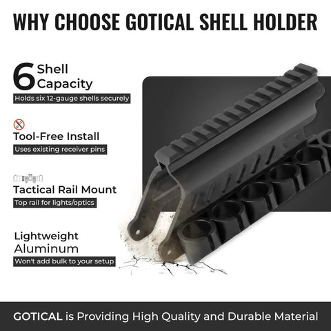 Side Saddle Shotgun Shell Holder V2 6-Shell Pouch showing tool-free install and tactical rail mount on Mossberg receiver.