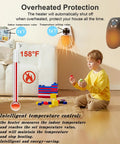 Compact 450W Mini Space Heater With Temperature Detection Remote Control and thermostat display near child playing on floor.