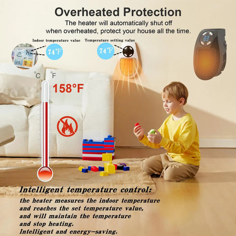 Compact 450W Mini Space Heater With Temperature Detection Remote Control and thermostat display near child playing on floor.
