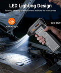 Beastly Turbo Cordless Air Duster 150000RPM Power with SOS LED light illuminating a car engine, showing handheld design.