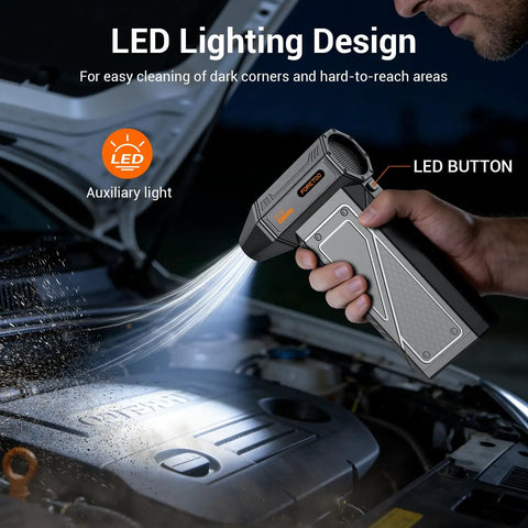 Beastly Turbo Cordless Air Duster 150000RPM Power with SOS LED light illuminating a car engine, showing handheld design.