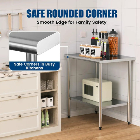 Heavy Duty Stainless Steel Work Table 24 By 36 Inch With Adjustable Undershelf in a kitchen setting
