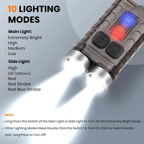Rechargeable Keychain EDC Flashlight, 900 Lumens Tiny Yet Mighty Pocket Rocket Mini LED Light, showing 10 lighting modes details
