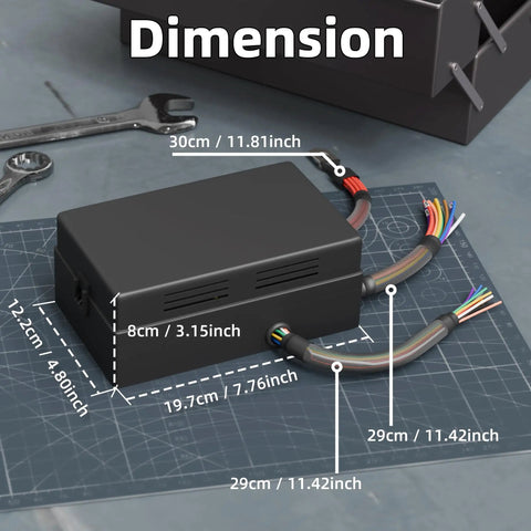 12V 10 Way Relay Box With Prewired Dustproof Fuse Panel, shown with dimensions, on a workbench with tools, 10 relay and 15 fuse slots.