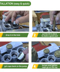 Front view: check valve kit for AR pressure washer being dropped into valve holes.
Side view: kit placed to form a seal in the pump valve.
Close-up view: caps being installed back onto the valve ports.
Installed view: torque applied to top caps to secure assembly.