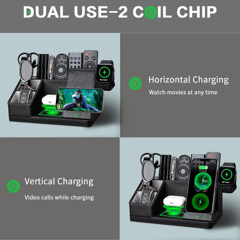 Black Leather Desk Organizer With Built In Charging Station Keeps Your Desk Clean And Charged Features Pen Holder Remote Tray Phone Charger And Nightstand Storage For Your Home Office Setup