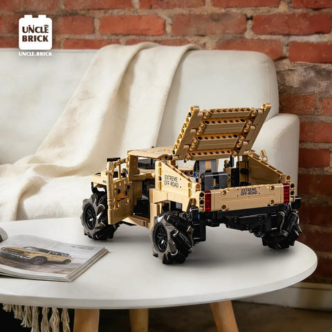 Technic RC Hummer kit shown on a table, highlighting its detailed off-road design and 804-piece construction.