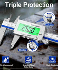 Backlit 6 Inch Digital Caliper with Rechargeable Battery IP54 Waterproof Large LCD Screen on wet surface showing 25.00 mm