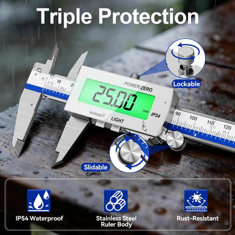 Backlit 6 Inch Digital Caliper with Rechargeable Battery IP54 Waterproof Large LCD Screen on wet surface showing 25.00 mm