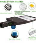 300W LED Parking Lot Light With Dusk To Dawn Photocell Sensor, IP65 rated, showcasing die-cast aluminum housing and SMD3030 chips