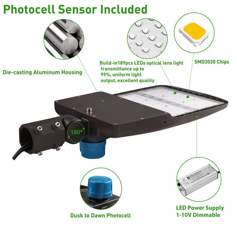 300W LED Parking Lot Light With Dusk To Dawn Photocell Sensor, IP65 rated, showcasing die-cast aluminum housing and SMD3030 chips