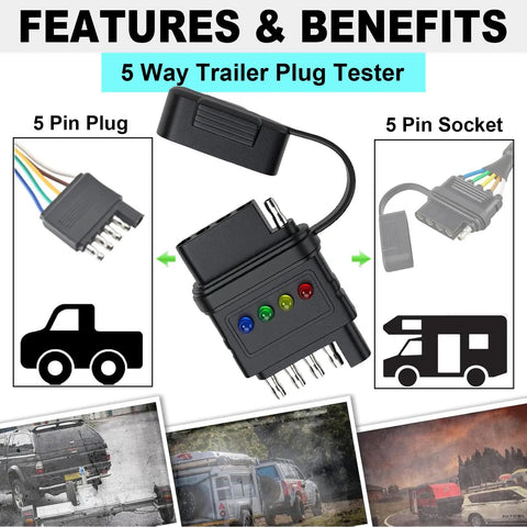 5 Pin Trailer Light Tester Kit With Bright Indicators, Double End 5 Way Flat Trailer Wiring Tester For Turn Signals, Tail Lights And Brakes, Easy Plug And Play Diagnostic Tool To Quickly Troubleshoot Trailer Wiring And Wiring Faults. Black plastic 5-pin trailer plug tester with LED indicators