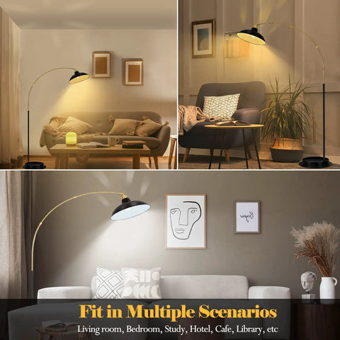 Arc Floor Lamp With Marble Base in Black Gold Finish lighting living room, bedroom, sofa with 360 rotatable arm in sleek metal.