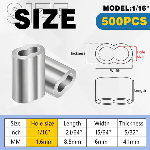 500 Piece Aluminum Crimp Loop Sleeves For One Sixteenth Inch Wire Rope And Cable Ends, Durable Lightweight Ferrules End Caps For DIY Rigging, Marine Outdoor Gear, Easy Quick Crimp. 1/16 in aluminum sleeve size chart