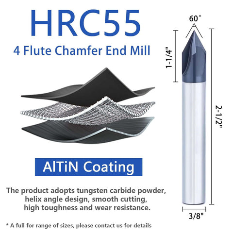 AYCHOLIZ 60° chamfer end mill, 3/8" carbide, 4-flute, AlTiN coated, for CNC chamfering, 2-1/2" length