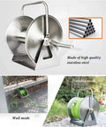 Heavy Duty Wall Mount Metal Garden Hose Reel Featuring Legit Stainless Steel Storage Rack for easy outdoor use.