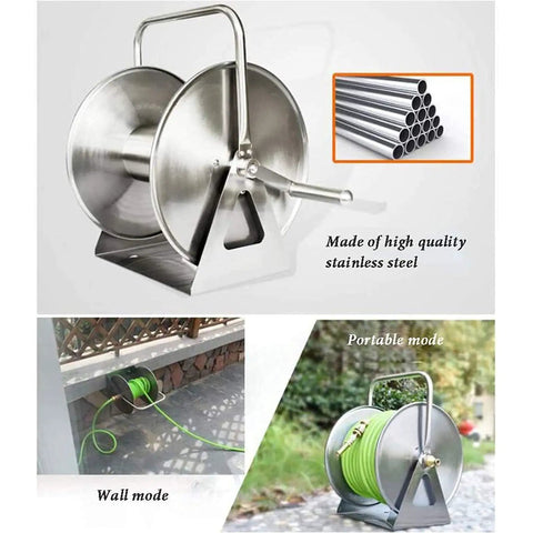 Heavy Duty Wall Mount Metal Garden Hose Reel Featuring Legit Stainless Steel Storage Rack for easy outdoor use.
