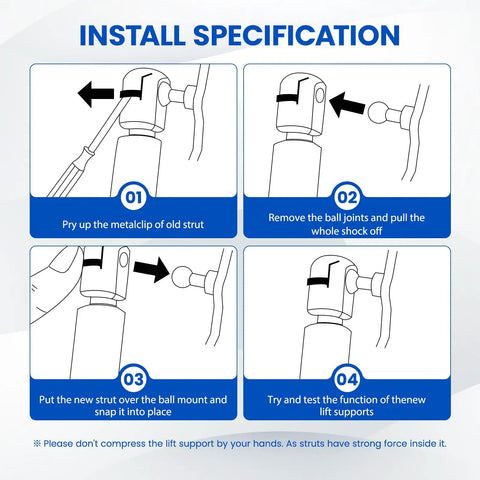 Install specification guide for Hella Durable 7.5 Inch Gas Struts 10 Lbs Lift Support With 10Mm Ball Stud Ends for RVs.