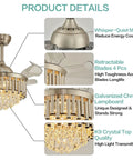 Product details of Dope 36 Inch Dimmable Crystal Ceiling Fan With Retractable Blades Modern Fandelier Light Fixture Remote Control Chandelier Style Ceiling Fan For Bedroom And Living Room Polished Nickel Finish, showing metal motor housing, retractable blades, chrome lampboard, and crystal lights.