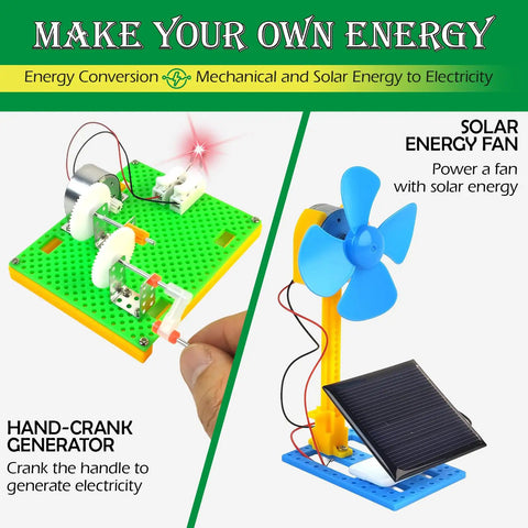 Cool Hands On Electric Science Kit For Kids With 12 Power Missions STEM Lab Includes Electricity And Electronics Experiments Energy Exploration Toy showcasing hand-crank generator and solar energy fan.