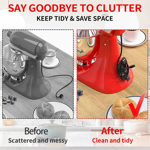 Six Pack Heat Resistant Kitchen Appliance Cord Winders And Cord Organizers showing cluttered vs tidy mixer setup