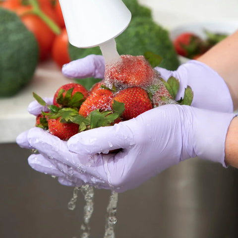 Person washing strawberries wearing Lavender Nitrile Exam Gloves 3.1 Mil 9.5 Inches Medium All Day Comfort Box Of 250 Powder Free Non Sterile Disposable Gloves With Low Dermatitis Potential And Chemical Resistance For Fentanyl And Gastric Acid Per ASTM D6978.
