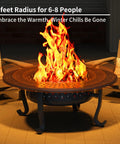 43 Inch Outdoor Wood Burning Fire Pit With Lid And Two Grill Grates Metal Round Table in use, surrounded by chairs.