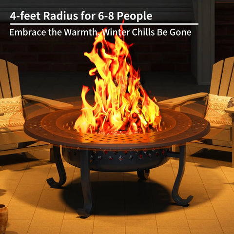 43 Inch Outdoor Wood Burning Fire Pit With Lid And Two Grill Grates Metal Round Table in use, surrounded by chairs.