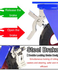 Close-up of steel brake mechanism on heavy duty swivel casters featuring quiet rollin rubber tires and rock solid plate lock brakes engineered for real world heavy lifting and knockout load ratings.