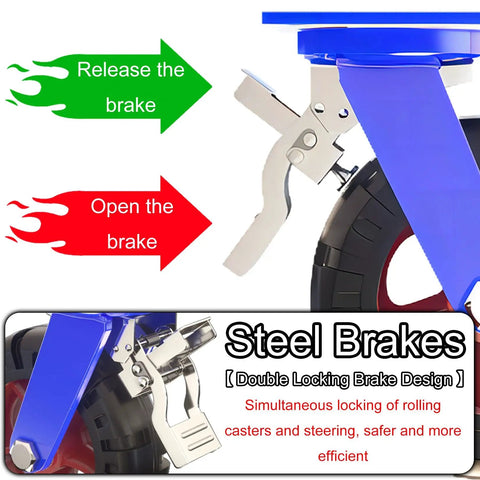 Close-up of steel brake mechanism on heavy duty swivel casters featuring quiet rollin rubber tires and rock solid plate lock brakes engineered for real world heavy lifting and knockout load ratings.